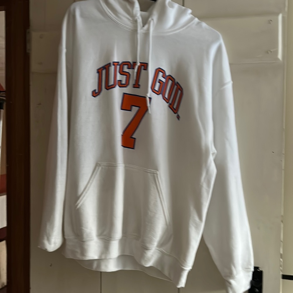 Medium God Is Dope Sweatshirt White- “Just God 7” Center chest (Orange/Blue)